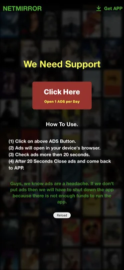 NetMirror We Need Support screen with Click Here button — daily ad